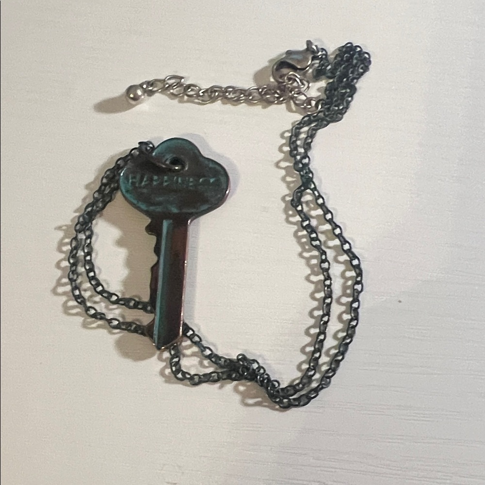 Happiness Key Pendant Necklace with Dark Gunmetal Chain